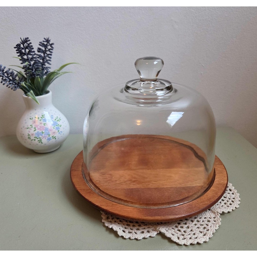 Vintage Baribo Maid Canada Cheese Dome Glass Cloche Wooden Serving Board MCM